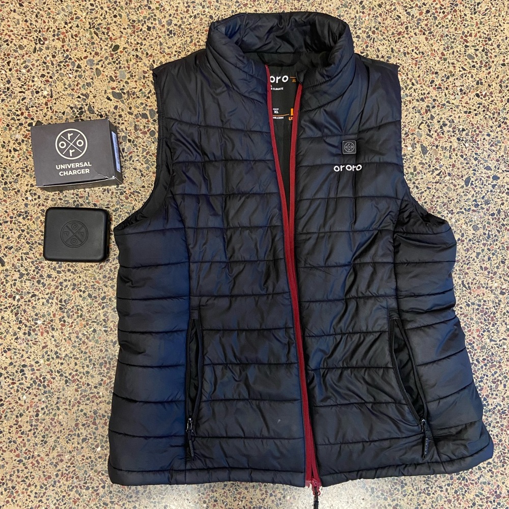 ORORO women’s heated vest with battery and universal charger.